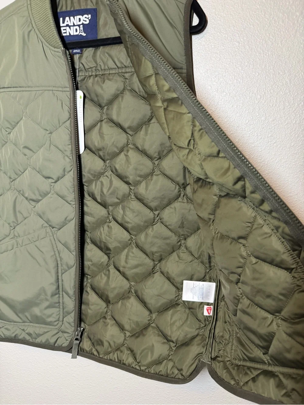 Quilted Olive Green Men's Vest Land’s End utility Sz small 34-36 primaloft zip